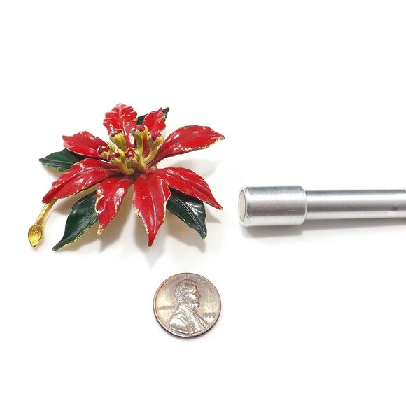 Weiss Poinsettia Brooch, Gold Plated Red Enamel, 1950s Vintage Jewelry - Picture 5 of 10